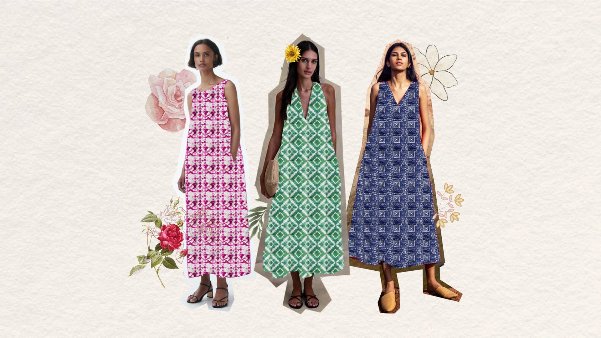 Collage of three tie-dye maxi dresses in magenta, green and indigo