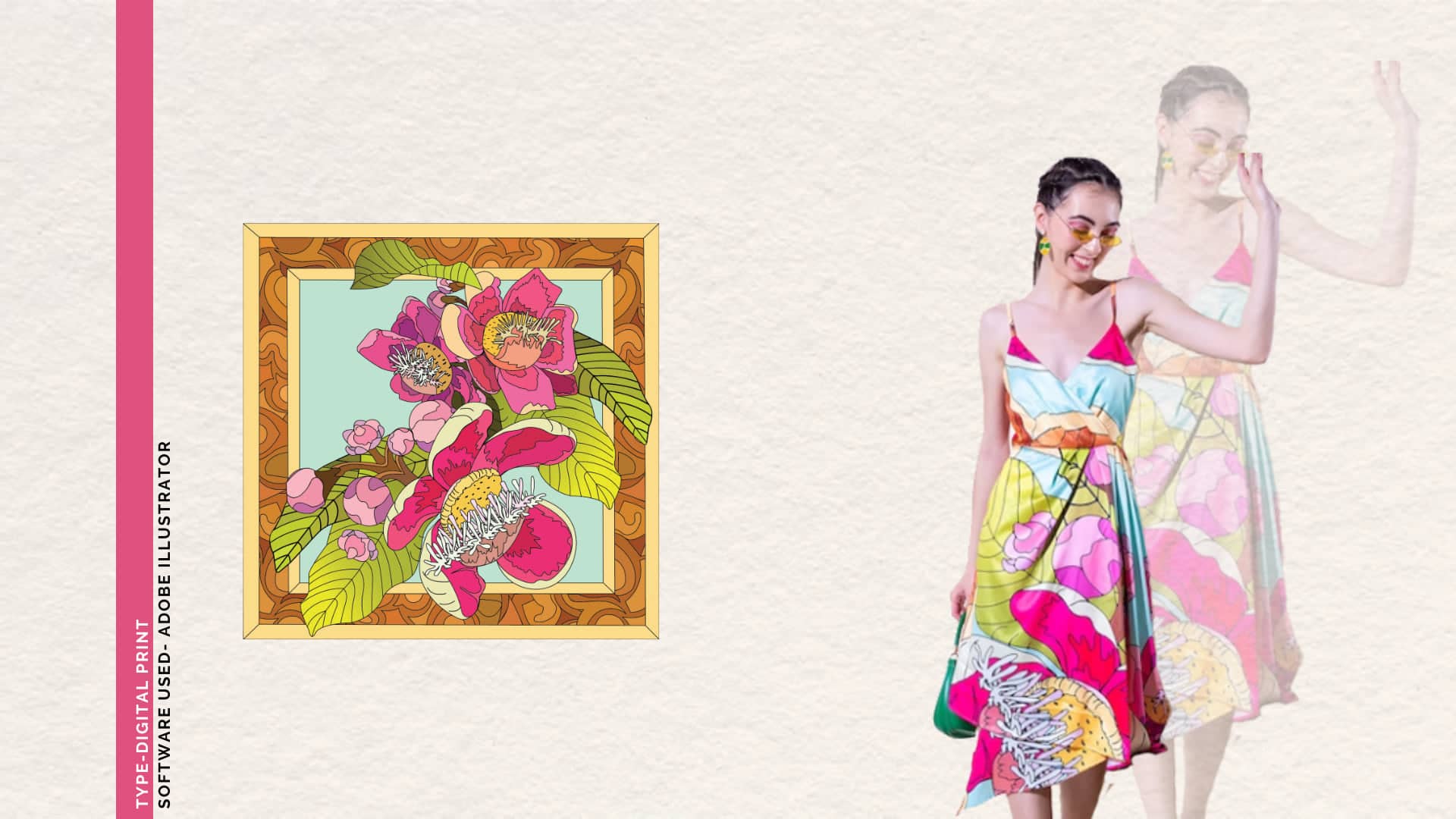 Framed bloom print beside a model wearing a dress in the same print